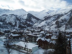 Image of valloire village and two of its mountains, la Setaz and le Crey Du Quart.