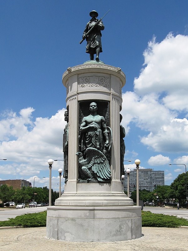 The Victory Monument, which is listed on the National Register of Historic Places, is located in the Black Metropolis-Bronzeville District near the st