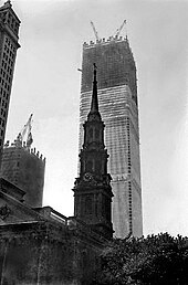 The first One World Trade Center under construction in May 1970 WTC-1970-under-construction.jpg