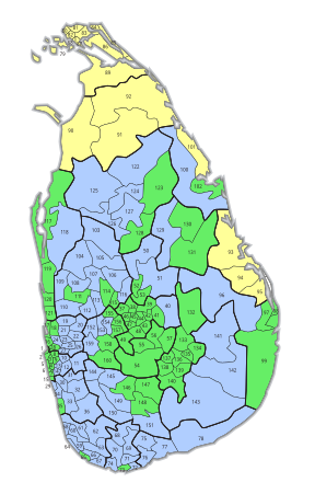 Mehrheiten in den 160 Stimmbezirken: ﻿United National Party (UNP) ﻿United People’s Freedom Alliance (UPFA) ﻿Tamil National Alliance (TNA)