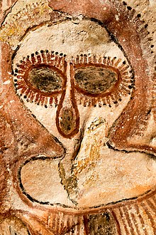 The Awakening segment featured a 32-meter diameter cloth showing a Wandjina spirit - a large head that shows the eyes and nose, but with no mouth. Wandjina at mt elizabeth.jpg