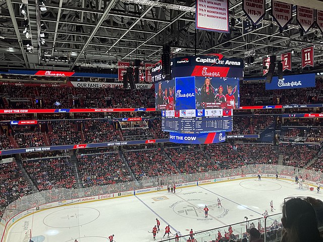 The overhead video board that was installed in 2019 as part of the largest renovation in arena history