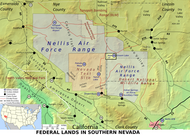 Location of Yucca Mountain in southern Nevada, to the West of the Nevada Test Site.