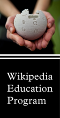 Wikipedia Education Program with mini Wikipedia globe in the hands of Moka.png