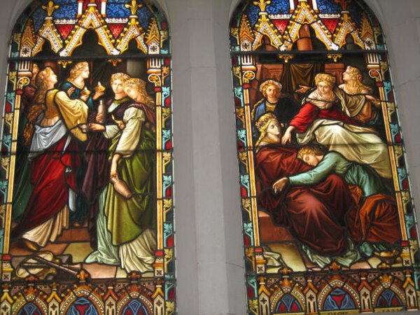 A depiction of the Parable of the Ten Virgins on a stained glass window in Scots' Church, Melbourne