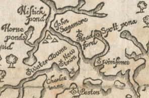 Detail of William Wood's 1634 map of New England, showing Naumkeag sachem Wonohaquaham, known by English colonists as Sagamore John, in Medford.[2]