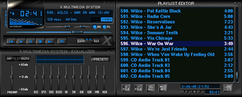 XMMS's default theme. Here the three windows have been docked together. The top left box is the main control panel; the bottom left is the optional equalizer, and the right box is the playlist editor. XMMS (1).png