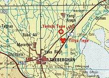 Circular fortress of Yemshi Tepe (to scale), and tumuli of Tillya Tepe, near Sheberghan. Yemshi Tepe Tillya Tepe map.jpg