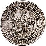 MON(eta) NOV(a) THVRICENSIS CIVIT(atis) IMPERIALIS: «neue Münze der Reichsstadt Zürich», 1512 (mit den Stadtpatronen Felix, Regula und Exuperantius)