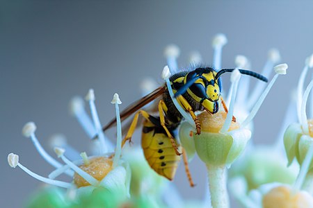 German wasp (Vespula germanica) on inflorescence of Fatsia japonica. (Stoyko Sabotanov)