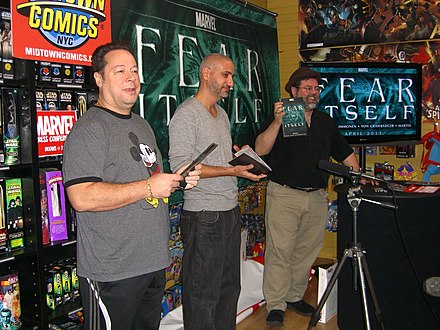 Joe Quesada, Axel Alonso and Tom Brevoort announcing the storyline at Midtown Comics Times Square, December 21, 2010