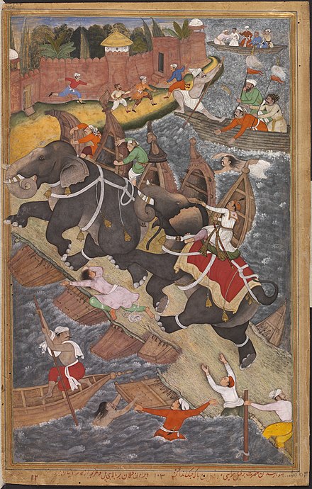 Mughal emperor Akbar the Great riding the ferocious elephant Hawa'i, pursuing another elephant across a collapsing bridge of boats (left), in Basawan and Chetar Munti's "Akbar's Adventure with the Elephant Hawa’i", dated 1561