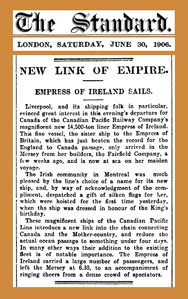 Announcements of the liner's maiden voyage touted the passenger capacity and the speed of Empress of Ireland and her near-identical sister ship, Empre