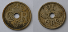 Датска монета от двадесет и пет øre от меден никел от 1926 г. от двете страни