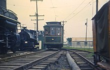 No. 578 (left) on static display with Marble Quarry 0-4-0t No. 1 and Columbus City Street Car Lines No. 703 19660813 03 Ohio Railway Museum.jpg