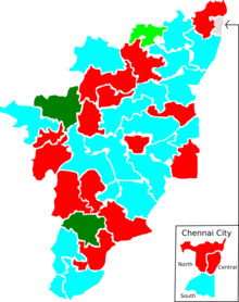 Election map of results based on parties. Colours are based on the results table on the left 1980 tamil nadu lok sabha election map by parties.png