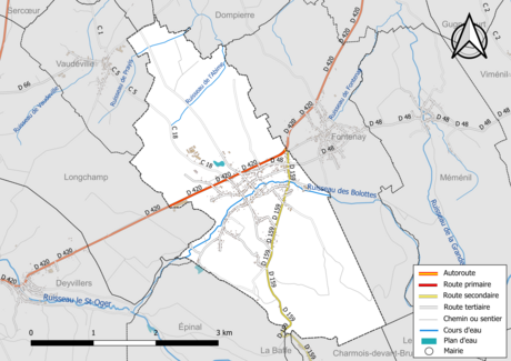 Carte en couleur présentant le réseau hydrographique de la commune