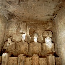 Four statues of divinities in sanctuary of Abu Simbel temples