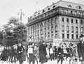 A demonstration against the peace terms following World War I passes the Adlon, where the Allied delegations were staying, May 14, 1919