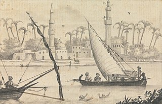 Views in the Levant: Men Sailing Small Boat With Canopy Past Buildings and Many Palm Trees