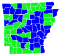 Lincoln counties in blue, Halter counties in green. Arkansas Democratic Primary Runoff.png