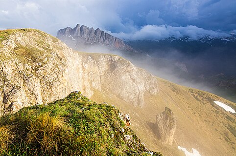 Greater Caucasus Range in clouds and fog.