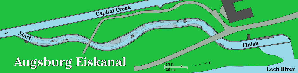 Water diversion features of the Augsburg Eiskanal canoe slalom race course.