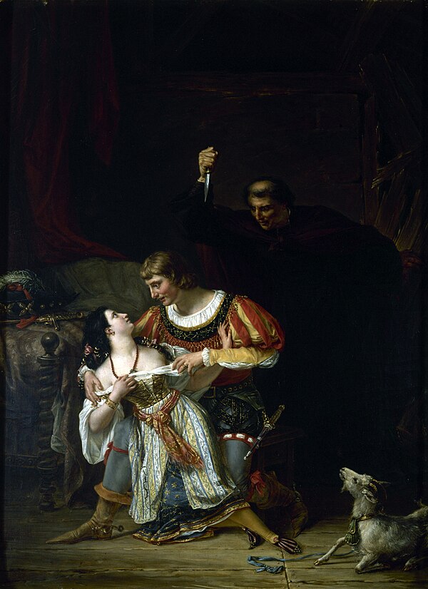 Claude Frollo stabs Captain Phoebus. Oil painting by Auguste Couder (1833).