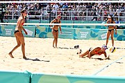 Deutsch: Beachvolleyball bei den Olympischen Jugendspielen 2018; Tag 9, 15. Oktober 2018; Mädchen, Viertelfinale: USA-Spanien 2–1 (21–19/17–21/15–9) English: Beach volleyball at the 2018 Summer Youth Olympics at 15 October 2018 – Girls Quarterfinals: USA-Spain 2–1 (21–19/17–21/15–9)