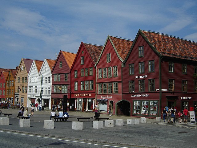 Bryggen in Bergen, once the centre of trade in Norway under the Hanseatic League trade network, now preserved as a World Heritage Site