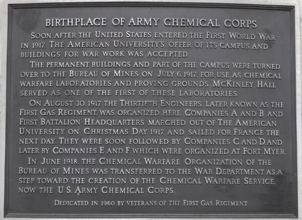 Plaque at American University in Washington, D.C. commemorating the formation of the Army Chemical Corps