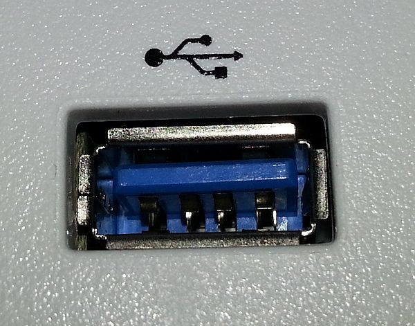 A blue Standard-A USB receptacle without USB 3.0 contacts fitted
