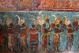 Músicos e danzantes Bonampak século VIII, técnica con pigmento Azul Maya.