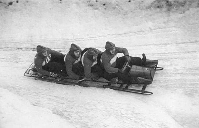 An East German bobsleigh in 1951, Oberhof track, East Germany