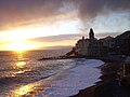 Italiano: Camogli, tramonto sulla spiaggia