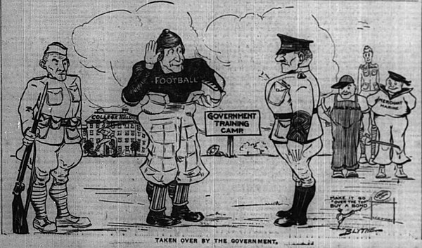 Cartoon showing Government involvement in college football 1918 during war and pandemic