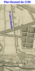 Chemin du moulin de la Chaussée à St-Mandé sur plan Roussel 1730