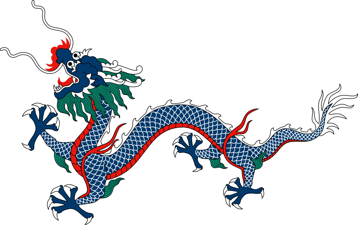 A smiling bright blue red, and green dragon dances