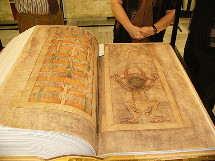 Actual-size facsimile of the Codex Gigas, also known as the 'Devil's Bible' (from the illustration at right)