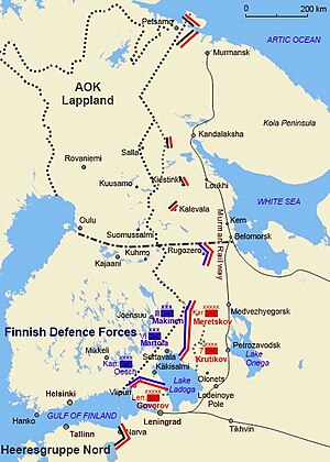 The front lines on 4 September 1944, when the ceasefire came into effect and two weeks before the war concluded. Continuation War September 1944 English.jpg