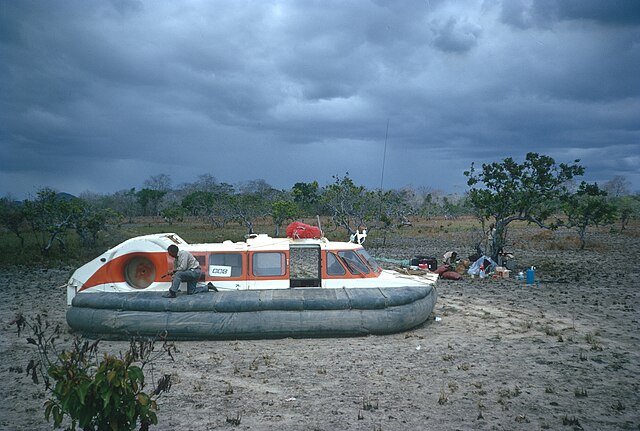 CushionCraft CC7 hovercraft in North Savannas of Guyana during the filming of "The World About Us: The Forbidden Route".