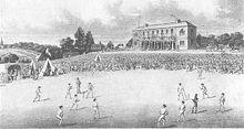 A cricket match at Darnall in the 1820s, a ground laid out for The Wednesday Cricket Club. Darnall cricket ground.jpg