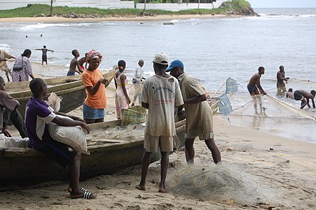 : Un groupe de pêcheurs au travail sur une plage à Kribi. by User:Rifoeblaise