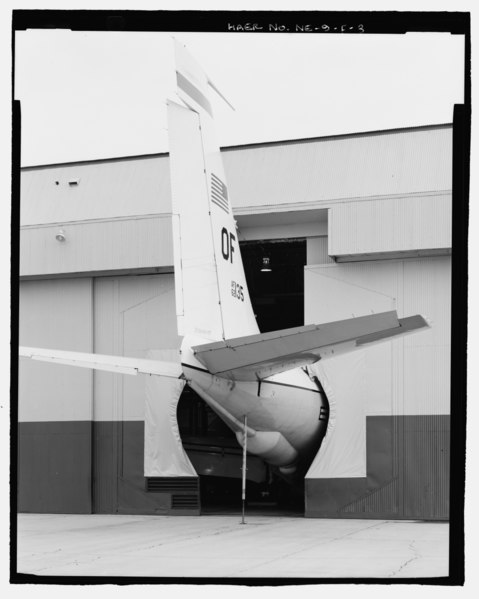 File:Detail of airplane tail protruding out of hangar doors, dock no. 491. Detail of canvas gasket allowing doors to close tightly around fuselage. View to north. - Offutt Air Force Base, HAER NE-9-F-3.tif