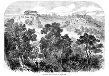 British forces storm the Dewangiri fort in 1865, during the Bhutan War. Dewangiri siege.jpg