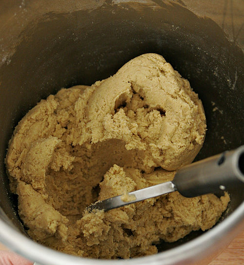 Freshly mixed dough in the bowl of a stand mixer