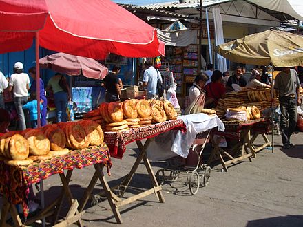 Typical Central Asian bread (nan) sold by market vendors