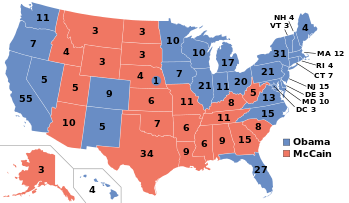 Valgresultatet for præsidentvalget. Blå viser delstater/distrikter vundet af Obama/Biden, og rød viser dem vundet af McCain/Palin. Numrene angiver antallet af valgmænd givet til vinderen af hver stat. Obama vandt en valgmandsstemme (fra Nebraskas 2. kongresdistrikt) af Nebraskas fem.