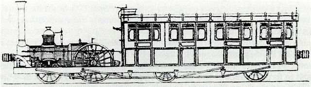 2-2-0 steam railmotor Enfield built by William Adams for the Eastern Counties Railway in 1849. Note the raised buffers for use with other rolling stoc