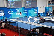 Deutsch: Fechten bei den Olympischen Jugend-Sommerspielen 2018: Tag 1, 7. Oktober 2018, Jungen, Säbel, Viertelfinale - Samuel Jarry (FRA) - Mazen Elaraby (EGY) 14:15 English: Fencing at the 2018 Summer Youth Olympics at 7 October 2018 – Boys' sabre Quarterfinals – Samuel Jarry (FRA) Vs Mazen Elaraby (EGY) 14:15